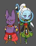  1boy 1girl arm_behind_back champa_(dragon_ball) dragon_ball dragon_ball_super dress egyptian_clothes grey_background grin hachibani hands_on_hips high_heels high_ponytail long_hair looking_at_viewer lowres shoes simple_background smile staff vados_(dragon_ball) violet_eyes white_footwear white_hair wristband yellow_sclera 