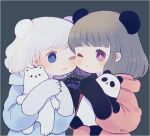  2girls animal_ears ayu_(mog) bangs bear bear_ears blue_background blue_eyes blunt_bangs blush cheek-to-cheek closed_mouth coat eyebrows_visible_through_hair grey_hair long_sleeves md5_mismatch multiple_girls one_eye_closed original panda panda_ears paws pink_eyes polar_bear revision short_hair simple_background upper_body white_hair winter_clothes 