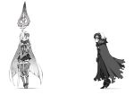  2girls armor boots brynhildr_(fate) cloak fate/grand_order fate_(series) fur_trim gauntlets greaves greyscale headpiece highres holding holding_spear holding_weapon jeanne_d&#039;arc_(alter)_(fate) jeanne_d&#039;arc_(fate)_(all) long_hair looking_at_another miwa_shirou monochrome multiple_girls polearm skirt spear tagme thigh-highs thigh_boots very_long_hair weapon white_background 