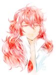  androgynous artist_name dong_hyun_lee gem highres houseki_no_kuni long_hair looking_at_viewer open_clothes open_shirt orange_eyes padparadscha_(houseki_no_kuni) red_eyes redhead signature smile solo upper_body vivaclap wavy_hair white_background 