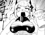  1girl bangs blush breasts cleavage commentary_request emphasis_lines eyebrows_visible_through_hair greyscale hair_ornament highres himajin_noizu holding kaguya_luna kaguya_luna_(character) large_breasts monochrome nose_blush open_mouth sharp_teeth skindentation solo teeth twintails upper_body 