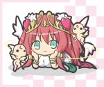  1girl arm_support ass bangs blush_stickers breasts checkered checkered_background cherub chibi closed_mouth commentary_request dress eyebrows_visible_through_hair green_eyes hair_between_eyes hair_ornament heart heart_hair_ornament long_hair lying medium_breasts multiple_wings nude on_stomach pink_wings puzzle_&amp;_dragons redhead rinechun sidelocks sleeveless sleeveless_dress smile tiara venus_(p&amp;d) white_dress wings 
