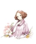  1girl absurdres baiguiyu brown_eyes brown_hair commentary_request flower hand_to_throat highres okumura_haru persona persona_5 pink_sweater ribbed_sweater sweater white_background 