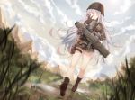  1girl after_rain assault_rifle bangs black_footwear black_gloves blurry boots clouds combat_boots day depth_of_field dutch_angle fatigues g11 g11_(girls_frontline) girls_frontline gloves grass gun hair_between_eyes holding holding_gun holding_weapon lens_flare light_particles long_hair long_sleeves looking_at_viewer lyrah777 mountain one_eye_closed reflection rifle silver_hair solo sun sunlight thighs very_long_hair walking water weapon yawning yellow_eyes 