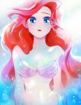  1girl ariel_(disney) artist_name backlighting blue_eyes buruburu18 closed_mouth expressionless highres lipstick long_hair makeup navel red_lipstick redhead shell shell_bikini solo sunlight the_little_mermaid twitter_username underwater very_long_hair 