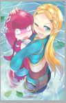  2girls blonde_hair blue_eyes blush fang hug looking_at_viewer mipha monster_girl multiple_girls one_eye_closed open_mouth partially_submerged petting phibonnachee pointy_ears princess_zelda shocked_eyes smile the_legend_of_zelda the_legend_of_zelda:_breath_of_the_wild water wide-eyed zora 