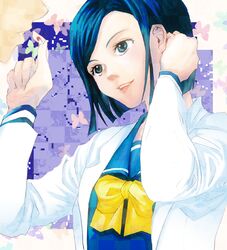  1boy 1girl adjusting_hair blue_eyes blue_hair bow butterfly eye_contact graphite_(medium) insect kooriyama_aki labcoat looking_at_another mechanical_pencil nakaharaka open_mouth pencil pill school_uniform serafuku short_hair smile tokimeki_memorial tokimeki_memorial_4 traditional_media upper_body yellow_bow 