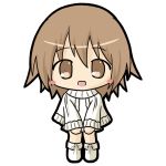  1girl :d aran_sweater bangs blush_stickers boots brown_eyes brown_hair chibi commentary_request eyebrows_visible_through_hair full_body hair_between_eyes long_sleeves looking_at_viewer open_mouth original rinechun simple_background skirt smile solo standing sweater v_arms white_background white_footwear white_skirt white_sweater wide_sleeves 