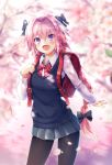  1boy absurdres astolfo_(fate) backpack bag black_bow bow braid cherry_blossoms commentary_request fate/grand_order fate_(series) highres long_braid male_focus multicolored_hair pink_hair randoseru samoore school_uniform single_braid spring_(season) trap violet_eyes 