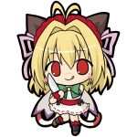  1girl :q antenna_hair bangs bare_shoulders black_bow black_legwear blonde_hair blush_stickers bow brown_footwear character_request chibi closed_mouth commentary_request dress emil_chronicle_online eyebrows_visible_through_hair full_body hair_between_eyes hair_bow hair_ribbon holding holding_knife kneehighs knife long_hair mole mole_under_eye pink_ribbon red_eyes ribbon rinechun simple_background sleeveless sleeveless_dress smile solo standing standing_on_one_leg tongue tongue_out white_background white_dress wrist_cuffs 