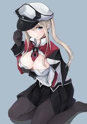  1girl black_gloves black_legwear blonde_hair blue_background blush breasts capelet cleavage cross embarrassed gloves graf_zeppelin_(kantai_collection) grey_eyes hair_between_eyes hat highres iron_cross jacket kantai_collection military military_hat military_uniform minami_machi miniskirt necktie pantyhose peaked_cap sitting skirt solo torn_jacket twintails uniform wariza white_hat 