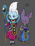  2boys animal_ears beerus blue_skin cat_ears cat_tail chibi dragon_ball dragon_ball_super ears egyptian_clothes grey_background hachibani hand_on_hip lowres male_focus multiple_boys purple_skin simple_background tail violet_eyes whis white_hair yellow_sclera 