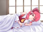  1girl absurdres blush bow braid character_request closed_mouth cookie_(touhou) detached_sleeves eyebrows_visible_through_hair hair_bow hair_tubes hakurei_reimu highres hone. indoors looking_at_viewer lying on_side pillow pink_hair red_bow red_eyes smile solo touhou 