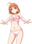  1girl ahoge bangs blush bra braid commentary_request highres lace lace-trimmed_bra looking_at_viewer love_live! love_live!_sunshine!! midriff navel orange_hair panties pink_bra pink_panties red_eyes short_hair side_braid simple_background smile solo takami_chika underwear underwear_only w white_background white_scrunchie yopparai_oni 