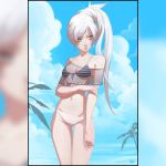  1girl artist_name bangs bare_arms bare_shoulders bikini blue_eyes blue_sky breasts cleavage closed_mouth clouds collarbone commentary day earrings english_commentary groin hand_on_own_arm jewelry long_hair navel nikusenpai outdoors palm_tree ponytail rwby scar scar_across_eye see-through sky small_breasts solo standing stomach striped_bikini_top swept_bangs swimsuit thigh_gap thighs tree weiss_schnee white_bikini_bottom white_hair zoom_layer 