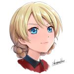 1girl artist_name bangs blonde_hair blue_eyes braid closed_mouth commentary_request cropped_neck darjeeling girls_und_panzer jacket looking_at_viewer military military_uniform portrait red_jacket shamakho short_hair simple_background smile solo st._gloriana&#039;s_military_uniform tied_hair translation_request twin_braids uniform white_background 