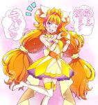  1girl ;d amanogawa_kirara bare_shoulders boots collarbone cropped_legs cure_twinkle dress earrings gloves go!_princess_precure heart heart_hands highres jewelry kaatsukun long_hair low-tied_long_hair magical_girl multicolored_hair one_eye_closed open_mouth orange_hair precure quad_tails redhead smile solo standing standing_on_one_leg star star_earrings streaked_hair thigh-highs thigh_boots twintails two-tone_hair violet_eyes white_footwear white_gloves yellow_dress 