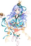  1girl :d alternate_hairstyle april_fools aqua_bow aqua_dress aqua_ribbon blue_eyes boots bow bunny_hair_ornament crown curly_hair dress eyebrows_visible_through_hair full_body gloves gochuumon_wa_usagi_desu_ka? hair_ornament hair_ribbon hand_on_own_chest highres idol kafuu_chino knee_boots koi_(koisan) lavender_hair long_hair looking_at_viewer microphone microphone_stand neck_garter open_mouth ribbon silver_hair smile snowflake_print solo tippy_(gochiusa) transparent_background treble_clef two_side_up white_footwear white_gloves 