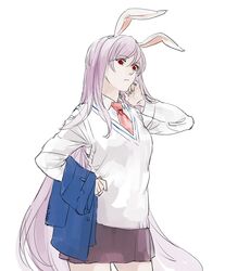  1girl animal_ears asakura_noi blazer jacket lavender_hair long_hair looking_at_viewer necktie purple_hair rabbit_ears red_eyes reisen_udongein_inaba skirt solo touhou very_long_hair vest white_background 