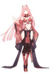  1girl bare_shoulders boots breasts cleavage darling_in_the_franxx detached_collar floral_print full_body green_eyes hairband horns long_hair looking_at_viewer medium_breasts midriff monster_hunter monster_hunter:_world navel odogaron_(armor) pelvic_curtain pink_hair sash simple_background smile solo white_background wide_sleeves xion32 zero_two_(darling_in_the_franxx) 
