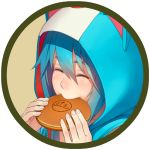  1girl animal_hood closed_eyes doraemon doraemon_(character) eating eyebrows_visible_through_hair face food food_request frame go_robots hair_between_eyes happy holding holding_food hood hood_up humanization smile solo 