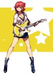  1girl blue_eyes boots breasts cleavage commentary earrings guitar highres instrument jewelry kaname_buccaneer long_legs macross macross_delta music necklace playing_instrument redhead shimatani_azu short_hair skirt 