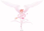  1girl ankle_strap artist_name brown_hair buruburu18 card_captor_sakura dress feathered_wings floating_hair full_body hair_ribbon hoshi_no_tsue kinomoto_sakura petticoat pink_ribbon ribbon short_hair single_thighhigh solo star thigh-highs thigh_strap twitter_username wand white_background white_dress white_footwear white_legwear white_wings wings 