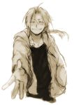  1boy black_shirt closed_eyes commentary_request edward_elric eyebrows_visible_through_hair fullmetal_alchemist greyscale happy jacket long_hair male_focus monochrome outstretched_hand ponytail shirt simple_background smile tsukuda0310 upper_body white_background 