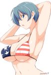  1girl american_flag_bikini armpits arms_up bikini blue_eyes blue_hair breasts cleavage commentary_request flag_print kichihachi large_breasts looking_at_viewer navel short_hair solo swimsuit 