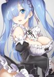  1girl alternate_hair_length alternate_hairstyle bangs blue_eyes blue_hair blush breasts cleavage detached_sleeves dress frills hair_ornament hair_over_one_eye hair_ribbon large_breasts looking_at_viewer maid maid_headdress open_mouth purple_ribbon re:zero_kara_hajimeru_isekai_seikatsu rem_(re:zero) ribbon short_hair simple_background solo teeth thigh-highs two_side_up upper_body white_legwear x_hair_ornament yyo 