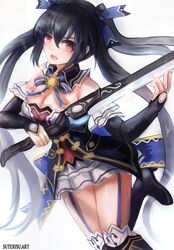  1girl :o bare_shoulders black_hair blush boots breasts cleavage detached_collar detached_sleeves garter_straps hair_between_eyes hair_ribbon high_heel_boots high_heels holding holding_sword holding_weapon long_hair looking_at_viewer medium_breasts neptune_(series) noire red_eyes ribbon ribbon-trimmed_skirt ribbon-trimmed_sleeves ribbon_trim simple_background solo standing standing_on_one_leg suterisu sword thigh-highs twintails very_long_hair weapon white_background 