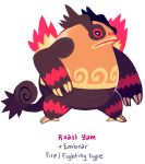  commentary creature emboar english from_side frown full_body fusion gen_3_pokemon gen_5_pokemon glitchedpuppet highres kecleon no_humans pokemon pokemon_(creature) profile red_eyes simple_background solo white_background 