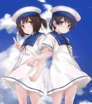  2girls back-to-back black_hair blue_eyes blue_sky brown_eyes clouds commentary_request daitou_(kantai_collection) dress feet_out_of_frame grin hat hiburi_(kantai_collection) kantai_collection looking_at_viewer multiple_girls sailor_collar sailor_dress sailor_hat short_hair short_sleeves sky smile standing v white_hat yumesato_makura 