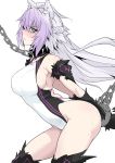  1girl absurdres animal_ears arched_back arms_behind_back atalanta_(fate) black_legwear blush braid breasts chains collar competition_swimsuit contrapposto fate/apocrypha fate_(series) from_side green_eyes harukon_(halcon) highres large_breasts lavender_hair leash long_hair one-piece_swimsuit parted_lips profile restrained sideboob simple_background skindentation solo sweat swimsuit thigh-highs white_background 