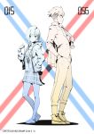  1boy 1girl absurdres charm_(object) clothes_writing collared_shirt contrapposto darling_in_the_franxx eyebrows_visible_through_hair glasses gorgeous_mushroom gorou_(darling_in_the_franxx) hair_ornament hairclip hand_up height_difference highres ichigo_(darling_in_the_franxx) limited_palette looking_at_viewer necktie pants pleated_skirt popped_collar profile shirt shoes short_hair skirt smile watch watch wing_collar 