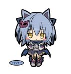  1girl animal_ears bangs blue_gloves blue_hair blue_ribbon blue_wings blush_stickers boots character_request chibi closed_mouth emil_chronicle_online eyebrows_visible_through_hair fishnet_legwear fishnets full_body gloves grey_footwear grey_leotard hair_between_eyes hair_ribbon leotard long_hair looking_at_viewer low_wings mask mask_on_head ribbed_leotard ribbon rinechun simple_background solo standing thigh-highs translation_request white_background wings yellow_eyes 