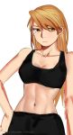  1girl bare_arms bare_shoulders black_bra black_pants blonde_hair bra breasts doya earrings expressionless fullmetal_alchemist hand_on_hip jewelry long_hair looking_away navel pants riza_hawkeye simple_background solo_focus sports_bra sportswear standing underwear upper_body watermark web_address white_background yellow_eyes 