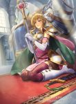  1girl blonde_hair blue_eyes boots breastplate bridle cape cuboon dress elbow_gloves feathers fire_emblem fire_emblem:_seisen_no_keifu fire_emblem:_thracia_776 fire_emblem_cipher gloves hair_feathers hands_clasped horse knee_boots lips nanna_(fire_emblem) official_art own_hands_together pantyhose pelvic_curtain pink_dress platform_footwear red_carpet scabbard sheath sheathed short_hair sitting solo staff statue sword wariza weapon white_gloves white_legwear 