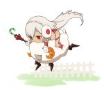  1girl altera_(fate) altera_the_santa brown_eyes candy candy_cane chibi dark_skin fate/grand_order fate_(series) fence food holding lying makishima_azusa mittens on_stomach red_footwear riding sheep short_hair veil white_hair 
