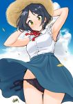  1girl armpits black_hair blouse blush hat hayami_kanade highres idolmaster idolmaster_cinderella_girls long_skirt panties pantyshot short_hair skirt solo sun_hat sweatdrop takuji_yuusaku underwear wind wind_lift yellow_eyes 