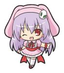  1girl ;d animal_hat bangs blush_stickers bunny_hat chibi commentary_request dress eyebrows_visible_through_hair full_body hair_between_eyes hat long_hair looking_at_viewer one_eye_closed open_mouth original outstretched_arm pink_dress pink_hat puffy_short_sleeves puffy_sleeves purple_hair red_eyes red_footwear red_scrunchie rinechun scrunchie short_sleeves simple_background smile snow_bunny solo standing thigh-highs very_long_hair white_background white_legwear wrist_scrunchie 