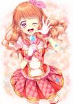  1girl aikatsu! aikatsu!_(series) bangs birthday braid checkered crown_braid gloves hair_ribbon happy_birthday highres long_hair looking_at_viewer microphone one_eye_closed oozora_akari orange_hair pink_eyes ribbon round_teeth shirato_sayuri signature solo star star_print star_tattoo tattoo teeth thigh-highs zettai_ryouiki 