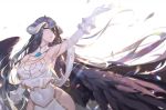  1girl albedo arm_up bare_shoulders black_hair black_wings breasts calder commentary_request demon_girl demon_horns demon_wings detached_collar dress elbow_gloves feathered_wings feathers gloves hair_between_eyes highres hip_vent horns large_breasts long_hair low_wings navel_cutout overlord_(maruyama) solo white_dress white_gloves wings yellow_eyes 