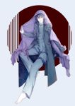  1boy 5yuanfreeperson absurdres barefoot blue_eyes blue_hair chinese_clothes highres long_hair male_focus simple_background sitting solo spiritpact veil white_background yang_jinghua 