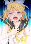  1girl blonde_hair blue_eyes blush commentary_request hair_ornament hairclip hazuki_natsu headphones headset highres kagamine_rin looking_at_viewer open_mouth sailor_collar short_hair sleeveless solo tears twitter_username vocaloid 