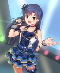  1girl absurdres belt blue_bow blue_hair blue_nails blue_skirt blush bow brown_eyes check_my_note choker collarbone eyebrows_visible_through_hair hair_bow heart highres holding holding_microphone idolmaster kamille_(vcx68) kisaragi_chihaya looking_at_viewer microphone nail_polish open_mouth skirt smile solo 