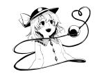  1girl :d bangs blush bow commentary_request empty_eyes greyscale hat hat_bow heart heart_of_string highres himajin_noizu komeiji_koishi monochrome open_mouth short_hair simple_background smile solo third_eye touhou upper_body white_background 