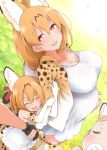  alternate_breast_size alternate_hair_length alternate_hairstyle animal_ears baby blonde_hair blush carrying child elbow_gloves eyebrows_visible_through_hair family gloves hand_holding hayashi_(l8poushou) highres jacket kemono_friends long_hair multiple_girls older open_mouth pregnant serval_(kemono_friends) serval_ears serval_print smile 