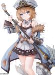  1girl artist_name bare_legs bare_shoulders blanc blue_eyes blush breasts brown_hair cleavage coat dress frown fur_trim hair_between_eyes hat holding holding_hammer holding_weapon looking_at_viewer neptune_(series) short_hair simple_background small_breasts solo spaghetti_strap suterisu weapon white_background white_dress 