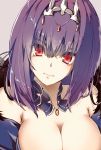  1girl bangs bare_shoulders breasts circlet cleavage fate/grand_order fate_(series) hair_between_eyes hair_ornament highres jewelry kobo_(cobo_0609) large_breasts looking_at_viewer medium_hair necklace portrait purple_hair red_eyes scathach_(fate/grand_order) simple_background solo tsurime 